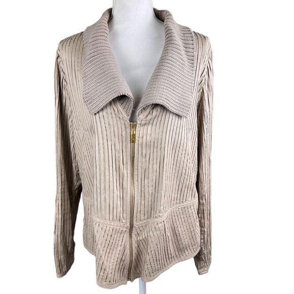 IMAN Stretch Leather Lightweight Front Zip Jacket Size Large Knit Collar - Picture 1 of 11